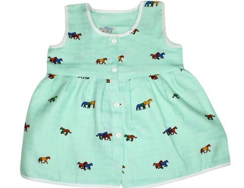 Muslin Colour Frocks - Green - Horse Print