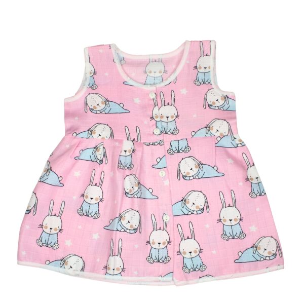 Muslin Colour Frocks - Pink - Bunny Print