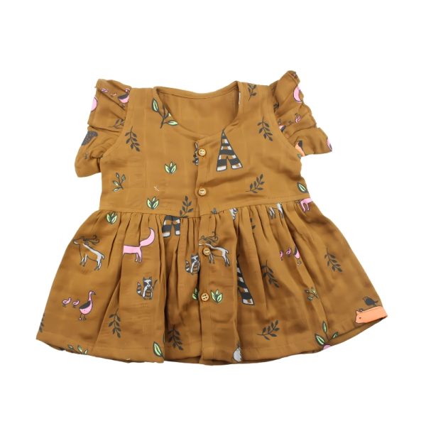 Colour Muslin Frill Frocks Brown with Animals