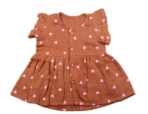 Colour Muslin Frill Frocks Brown with Pink Heart