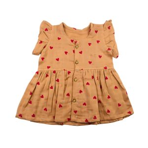 Colour Muslin Frill Frocks Light Brown with Dark Red Heart