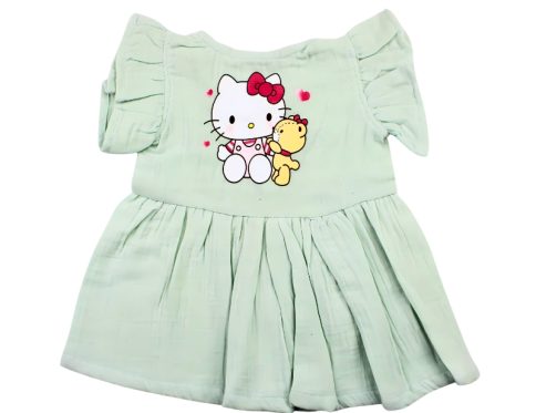 Colour Muslin Frill Frocks Light Green Cat and Tedy