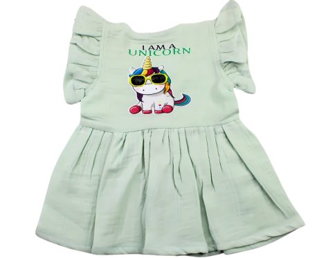 Colour Muslin Frill Frocks Light Green Unicorn