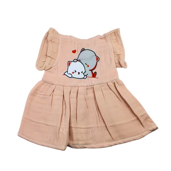 Colour Muslin Frill Frock Light Peach with 2 Cats