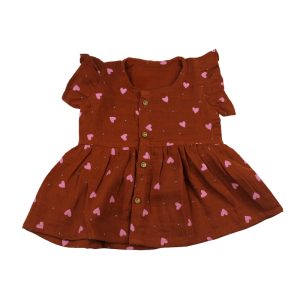 Colour Muslin Frock Dark Brown with Light Pink Heart