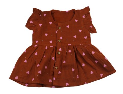 Colour Muslin Frock Dark Brown with Light Pink Heart