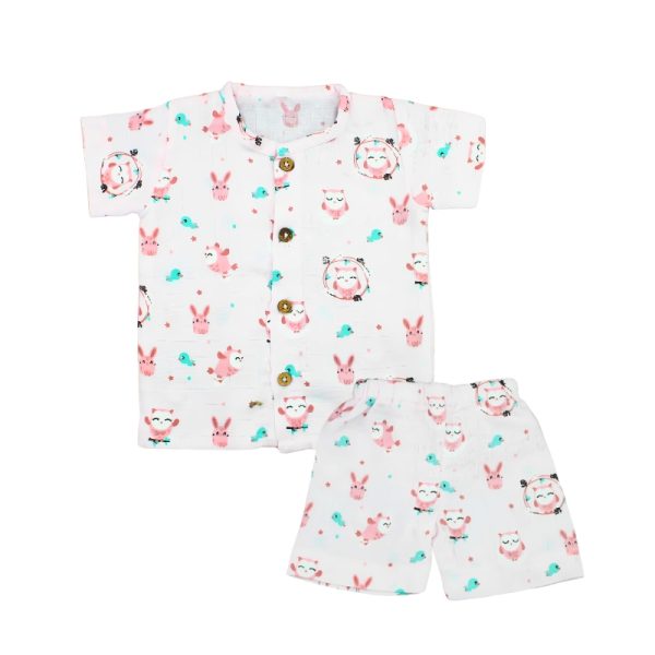 Muslin Co-ord Set Pink Owl